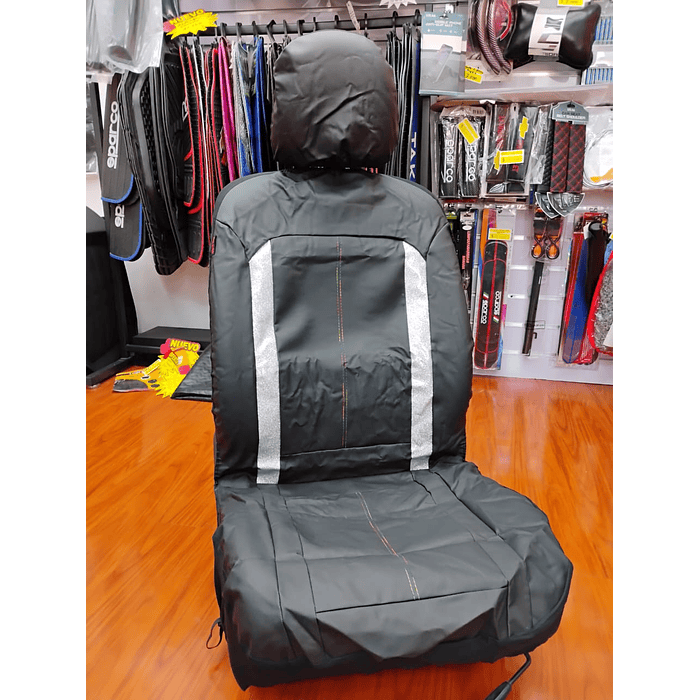 🔥Oferta especial🔥 Fundas de asiento individual eco cuero negro franja plateada hilo de colores 🚗 1
