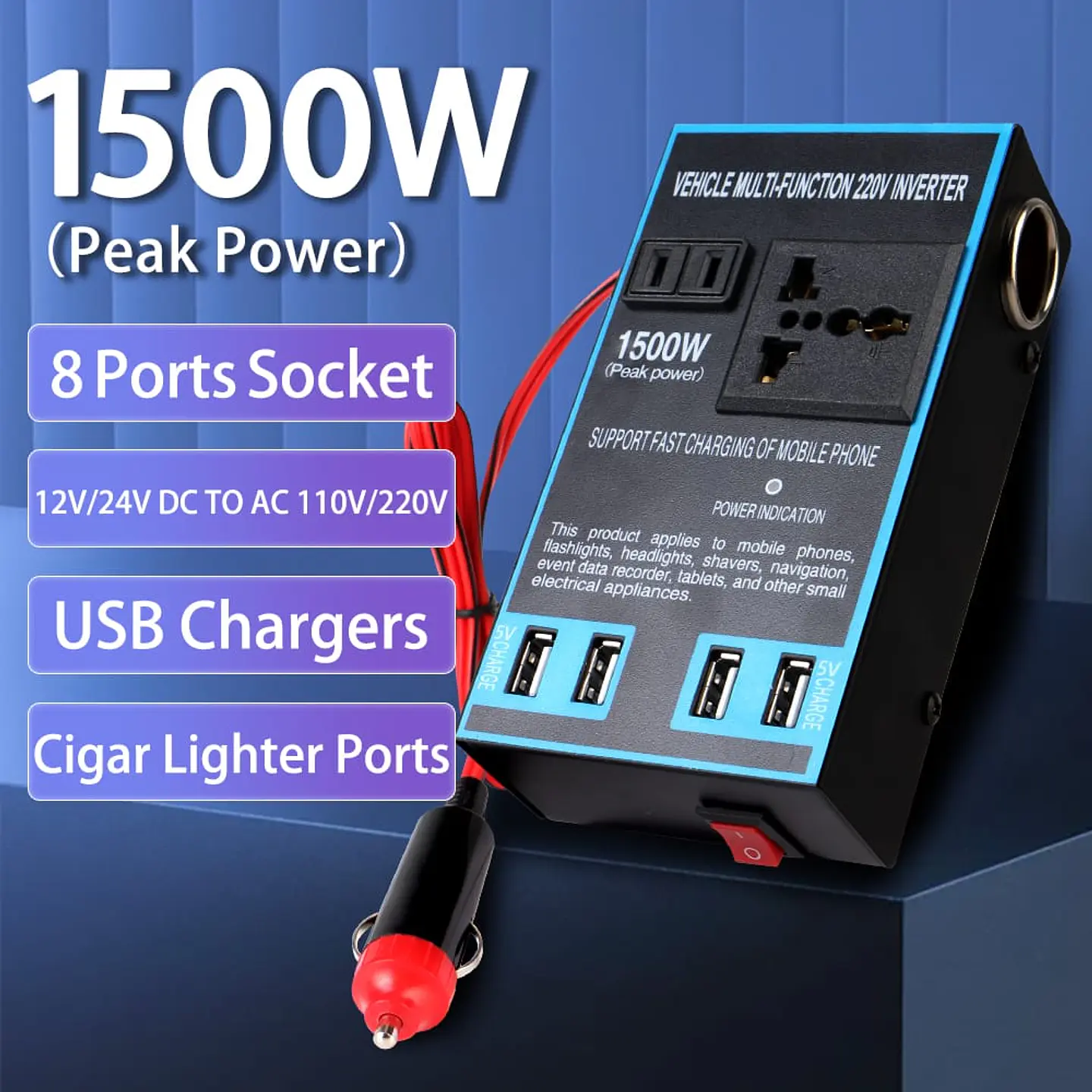 Inversor 1500W 12/24V a 110/220V con USB carga rápida 20