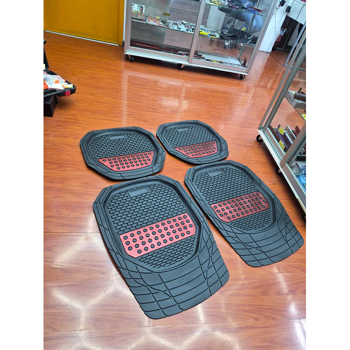 X4 Set de alfombras pisos tapetes de auto universal tipo bandeja negro con rojo 4