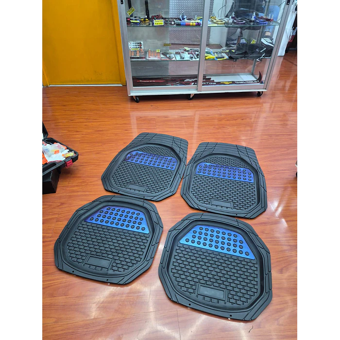 X4 Set de alfombras pisos tapetes de auto universal tipo bandeja negro con azul  5