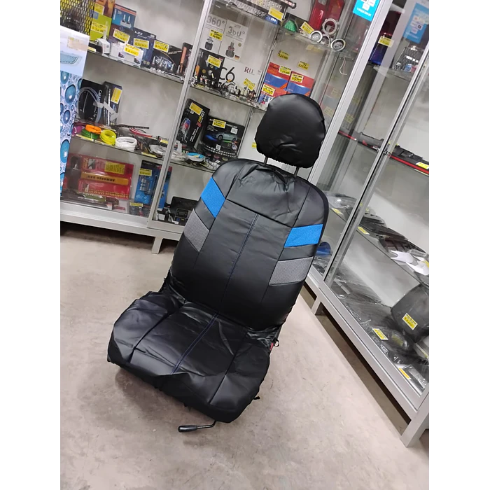 *fundas cubre asientos* en ecocuero negro con detalle en tela azul y gris costura azul  1