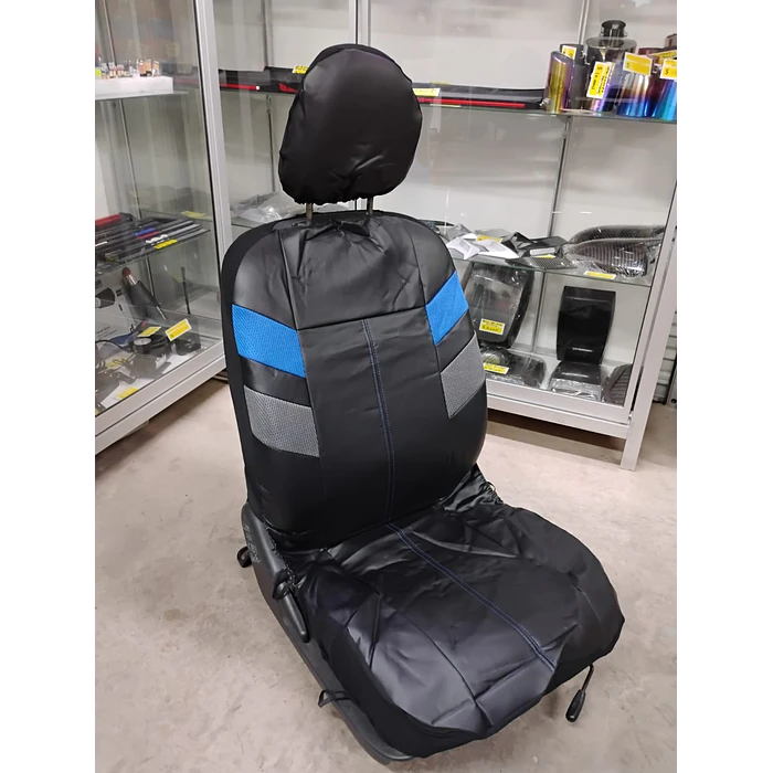*fundas cubre asientos* en ecocuero negro con detalle en tela azul y gris costura azul  3