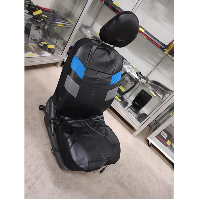 *fundas cubre asientos* en ecocuero negro con detalle en tela azul y gris costura azul  4