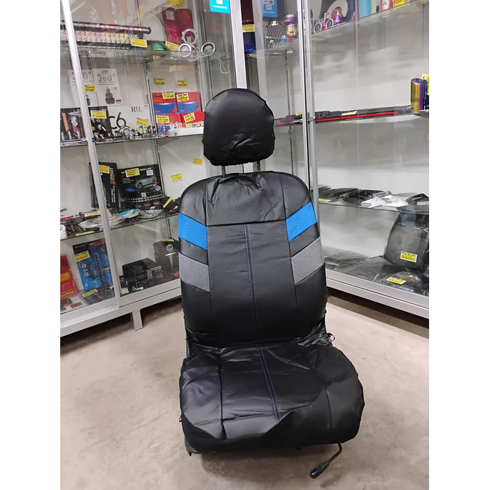 *fundas cubre asientos* en ecocuero negro con detalle en tela azul y gris costura azul  6