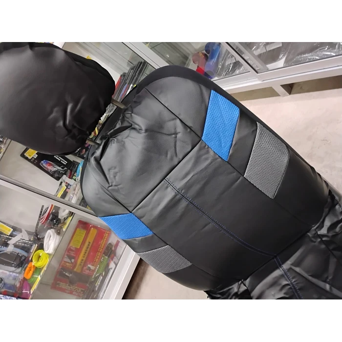 *fundas cubre asientos* en ecocuero negro con detalle en tela azul y gris costura azul  7