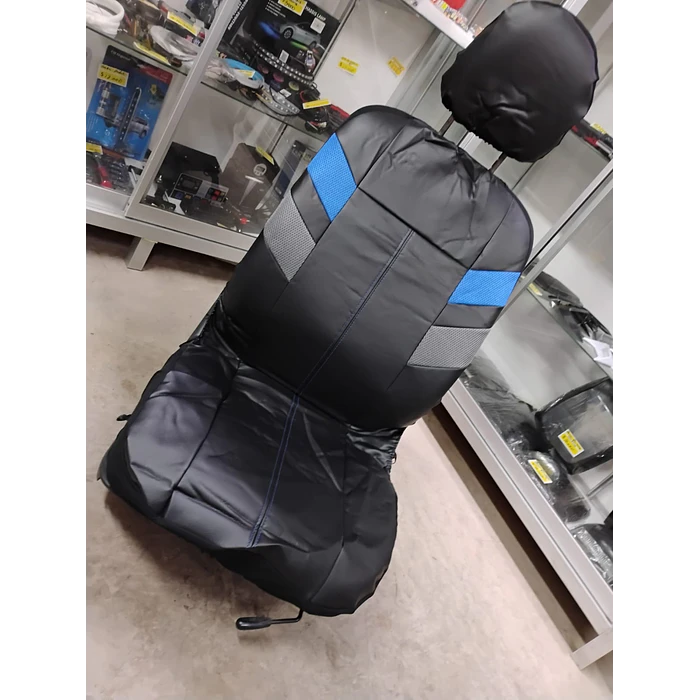 *fundas cubre asientos* en ecocuero negro con detalle en tela azul y gris costura azul  9