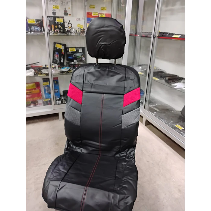 *fundas cubre asientos* en ecocuero negro con detalle en tela rojo y gris costura roja 1