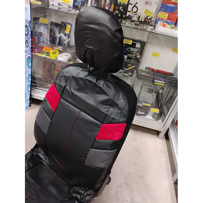 *fundas cubre asientos* en ecocuero negro con detalle en tela rojo y gris costura roja 3