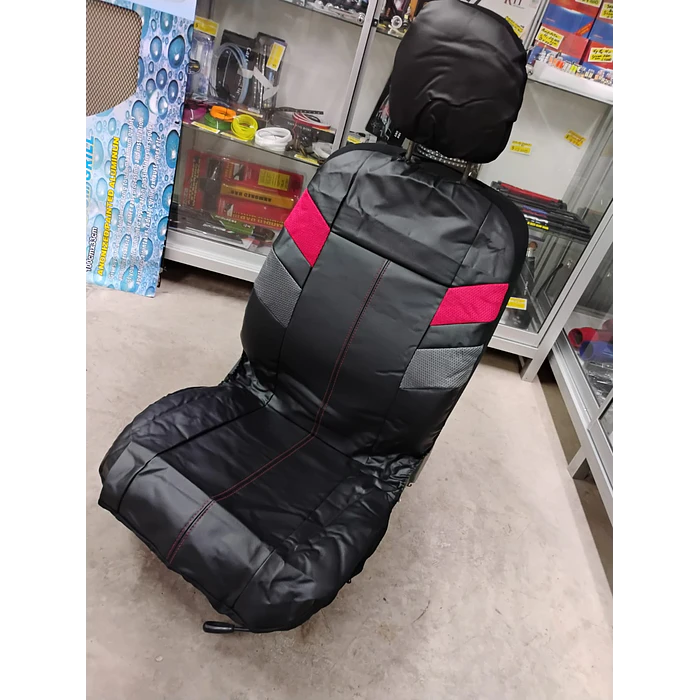 *fundas cubre asientos* en ecocuero negro con detalle en tela rojo y gris costura roja 4