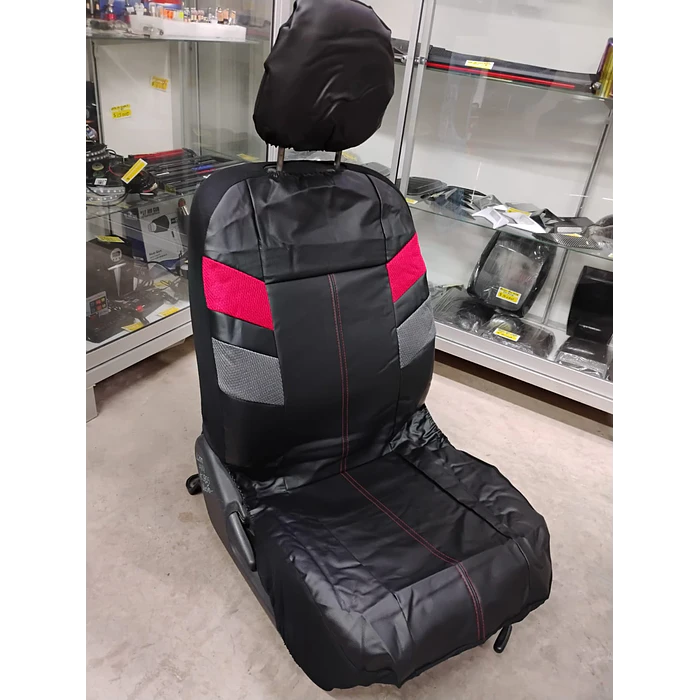 *fundas cubre asientos* en ecocuero negro con detalle en tela rojo y gris costura roja 5