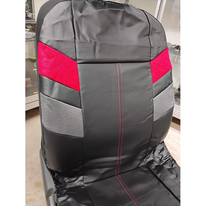 *fundas cubre asientos* en ecocuero negro con detalle en tela rojo y gris costura roja 7
