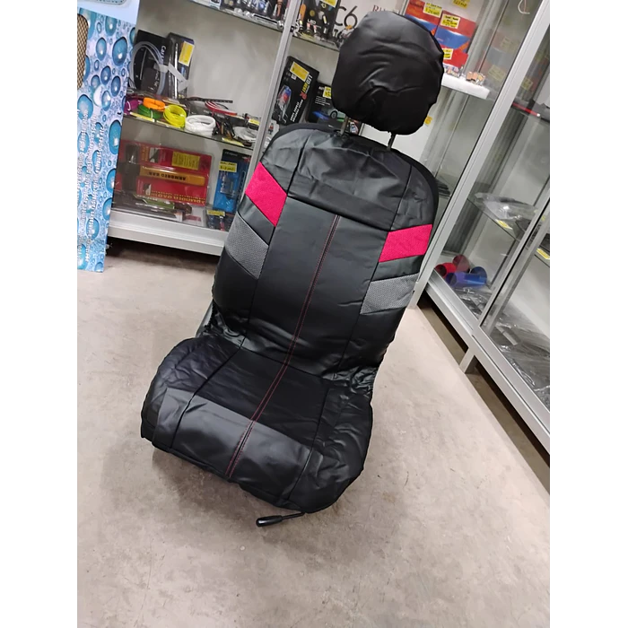 *fundas cubre asientos* en ecocuero negro con detalle en tela rojo y gris costura roja 9