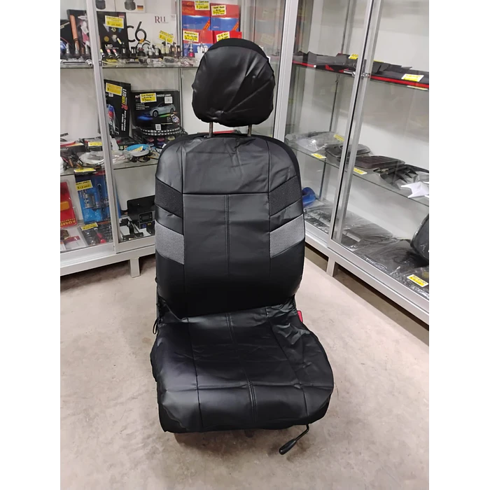  *fundas cubre asientos* en ecocuero negro con detalle en tela negro y gris costura negra   1