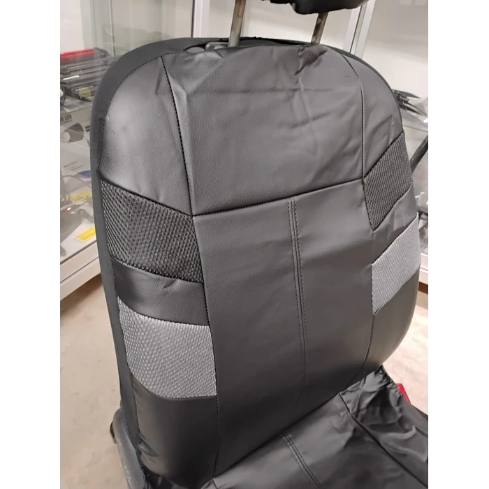  *fundas cubre asientos* en ecocuero negro con detalle en tela negro y gris costura negra   3