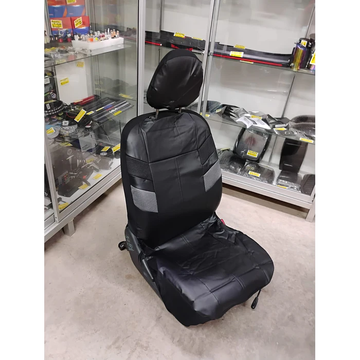  *fundas cubre asientos* en ecocuero negro con detalle en tela negro y gris costura negra   5