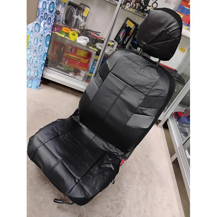  *fundas cubre asientos* en ecocuero negro con detalle en tela negro y gris costura negra   6