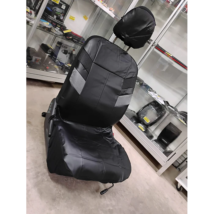  *fundas cubre asientos* en ecocuero negro con detalle en tela negro y gris costura negra   8