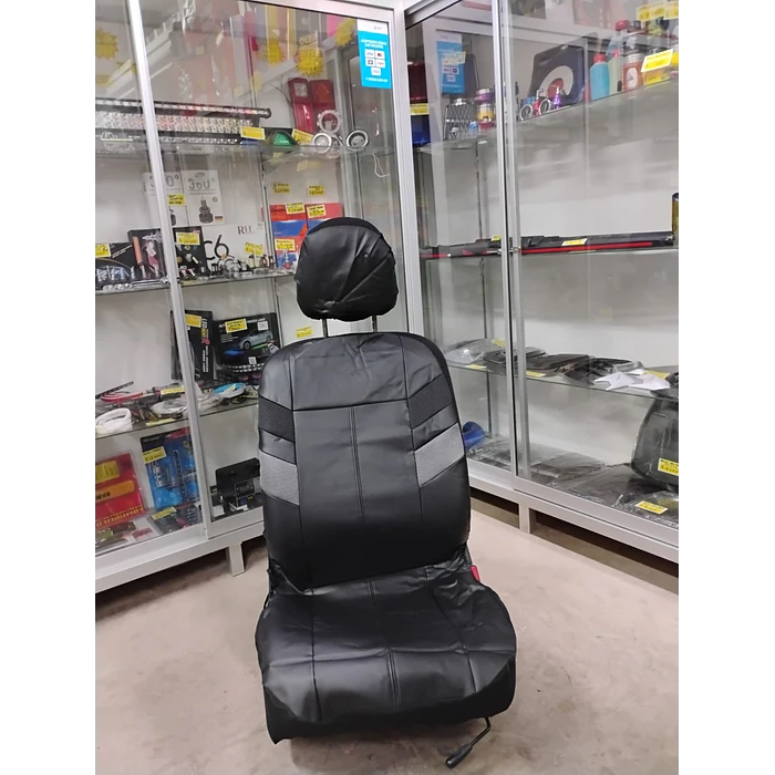  *fundas cubre asientos* en ecocuero negro con detalle en tela negro y gris costura negra   9