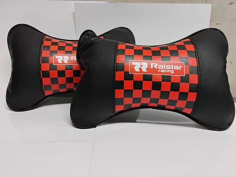 X2 Almohadas Apoya Cabeza Universales para Autos, Ecocuero Cuadros Negro/Rojo