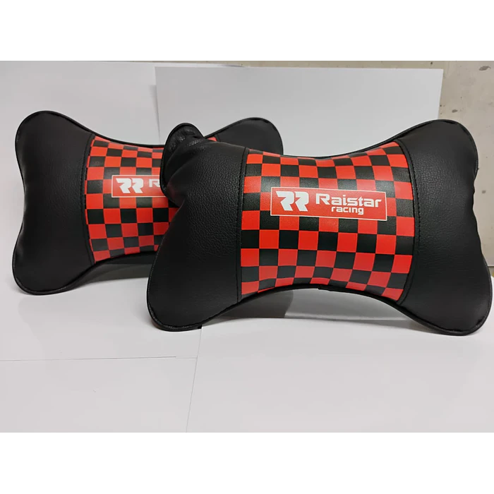  X2 almohadas Apoya cabeza universales para autos ecocuero cuadros negros con rojo   1