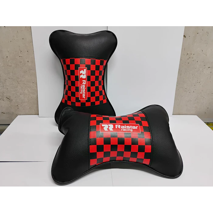  X2 almohadas Apoya cabeza universales para autos ecocuero cuadros negros con rojo   2