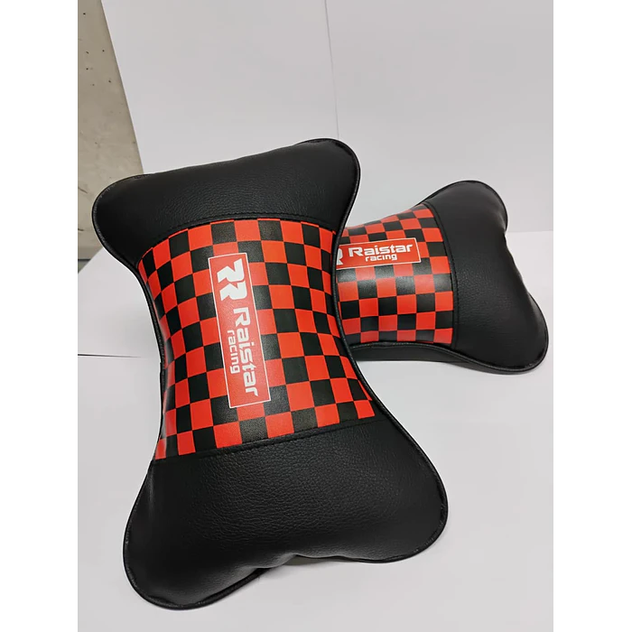  X2 almohadas Apoya cabeza universales para autos ecocuero cuadros negros con rojo   3