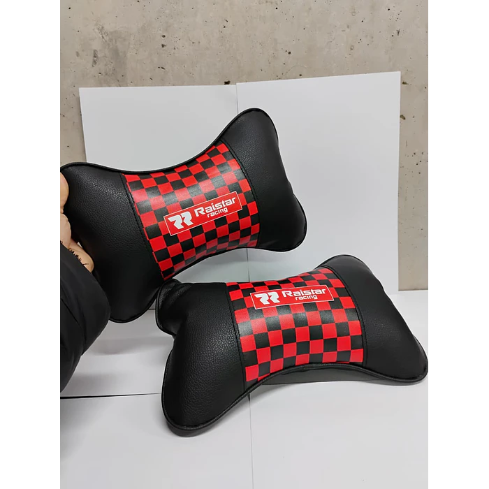  X2 almohadas Apoya cabeza universales para autos ecocuero cuadros negros con rojo   4