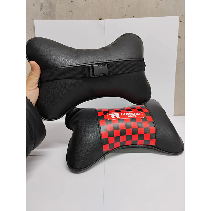  X2 almohadas Apoya cabeza universales para autos ecocuero cuadros negros con rojo   6