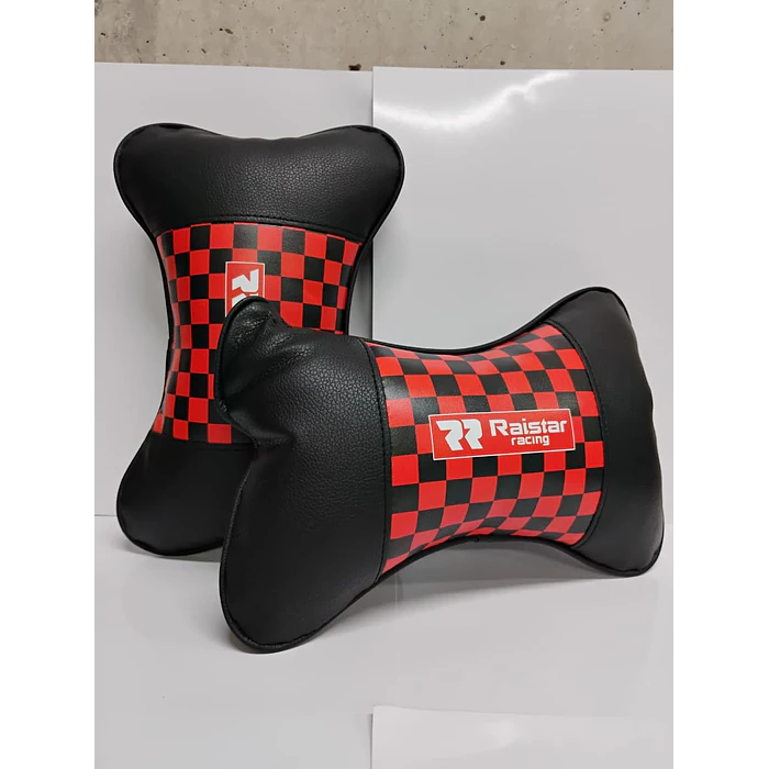  X2 almohadas Apoya cabeza universales para autos ecocuero cuadros negros con rojo   7