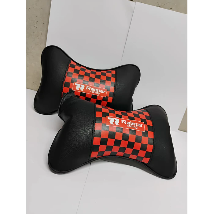  X2 almohadas Apoya cabeza universales para autos ecocuero cuadros negros con rojo   8