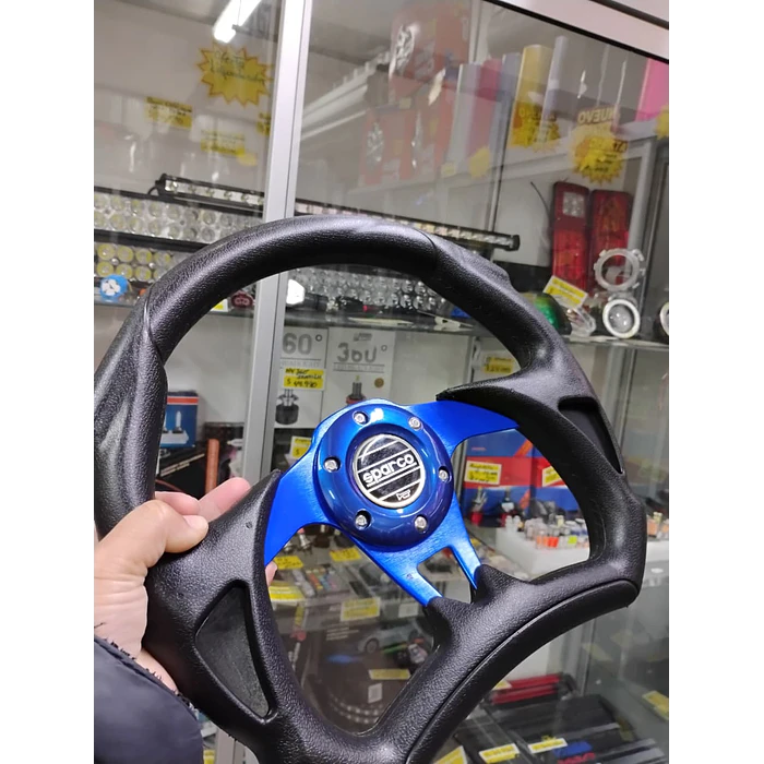 Volante de auto tipo D universal Tunning deportivo Sparco con botón de bocina centro azul  1