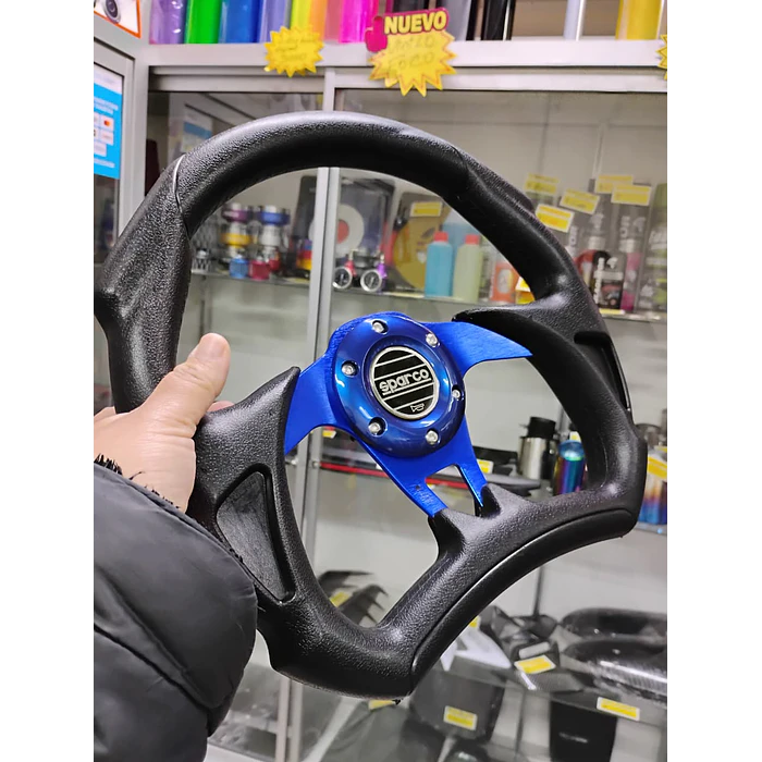 Volante de auto tipo D universal Tunning deportivo Sparco con botón de bocina centro azul  2