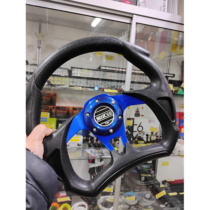 Volante de auto tipo D universal Tunning deportivo Sparco con botón de bocina centro azul  3