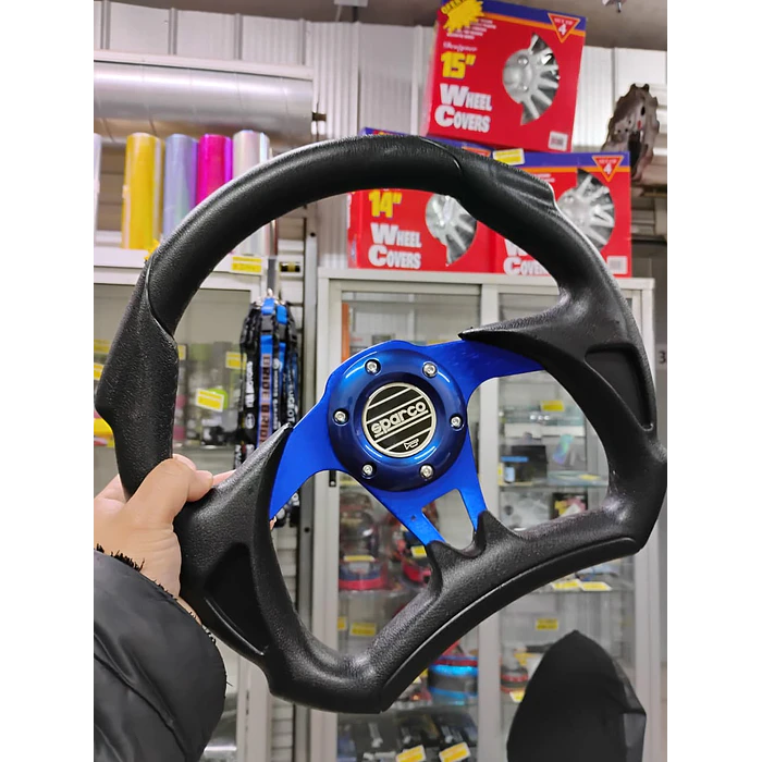 Volante de auto tipo D universal Tunning deportivo Sparco con botón de bocina centro azul  4