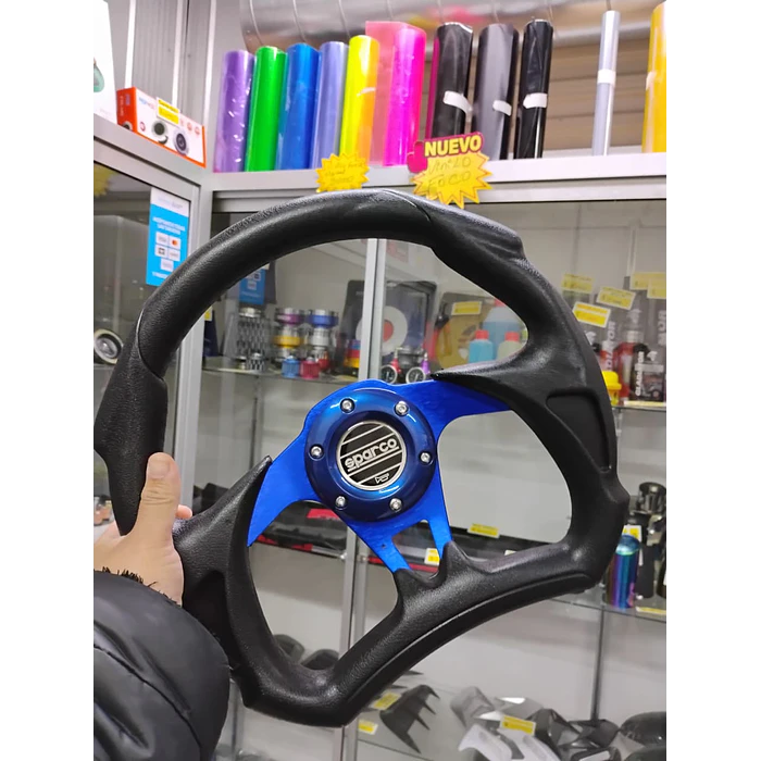 Volante de auto tipo D universal Tunning deportivo Sparco con botón de bocina centro azul  5
