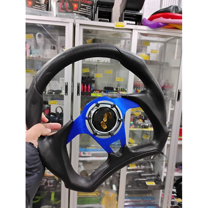 Volante de auto tipo D universal Tunning deportivo Sparco con botón de bocina centro azul  6