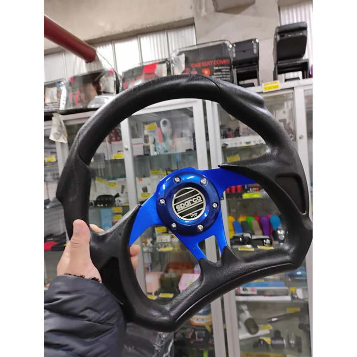 Volante de auto tipo D universal Tunning deportivo Sparco con botón de bocina centro azul  7