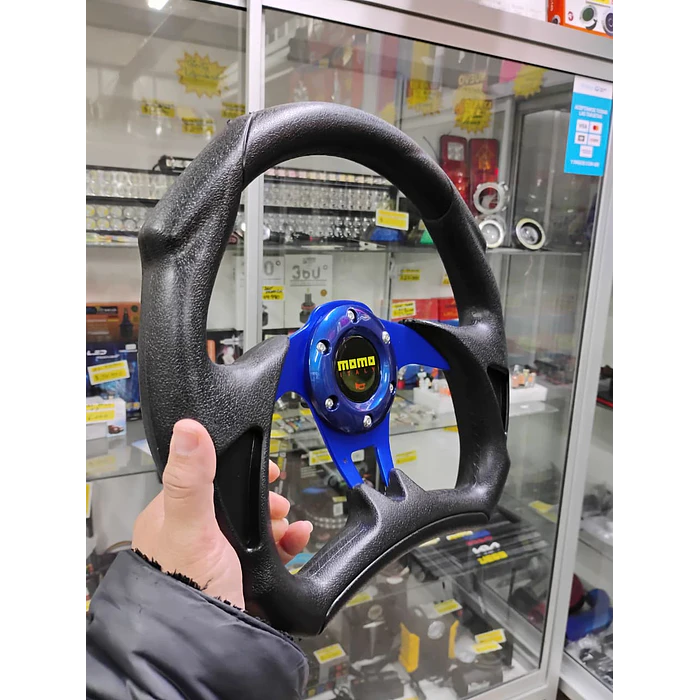 Volante de auto tipo D universal Tunning deportivo momo con botón de bocina centro azul 1