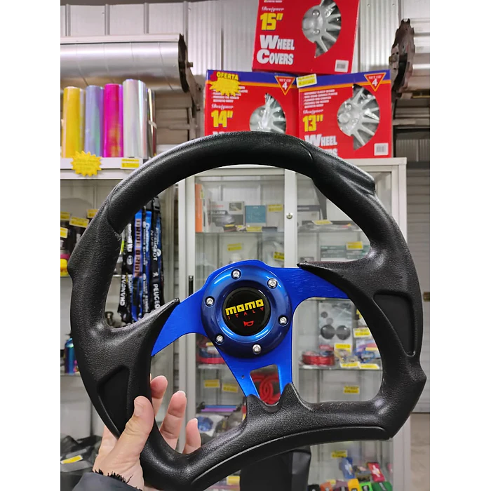 Volante de auto tipo D universal Tunning deportivo momo con botón de bocina centro azul 2