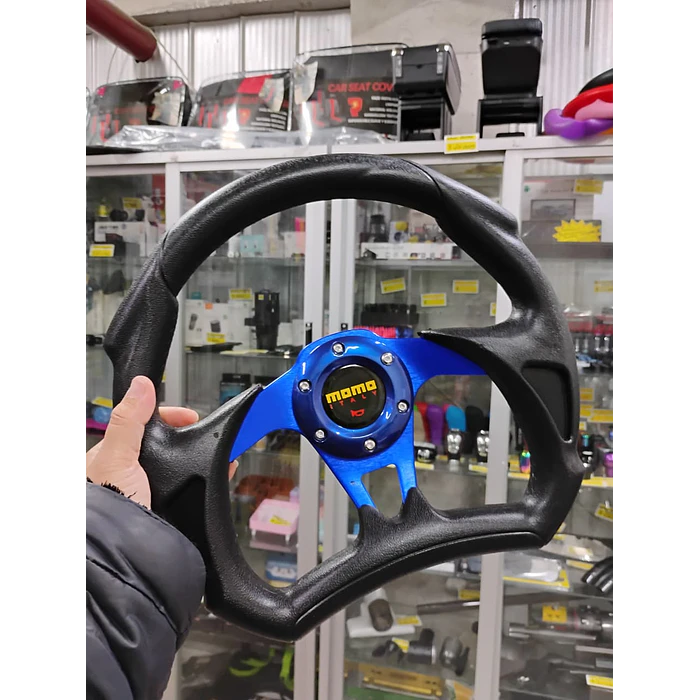 Volante de auto tipo D universal Tunning deportivo momo con botón de bocina centro azul 3