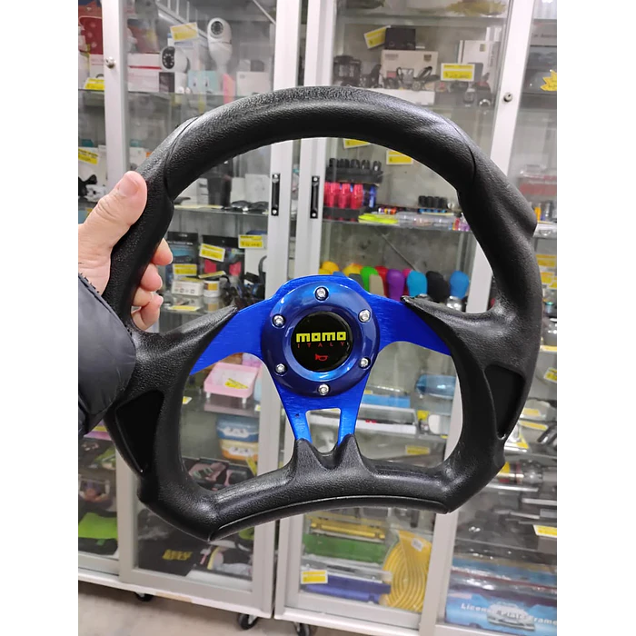 Volante de auto tipo D universal Tunning deportivo momo con botón de bocina centro azul 4