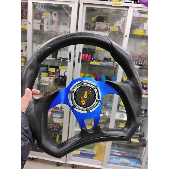 Volante de auto tipo D universal Tunning deportivo momo con botón de bocina centro azul 5