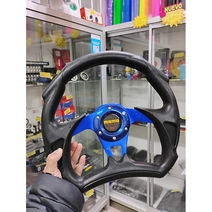 Volante de auto tipo D universal Tunning deportivo momo con botón de bocina centro azul 6