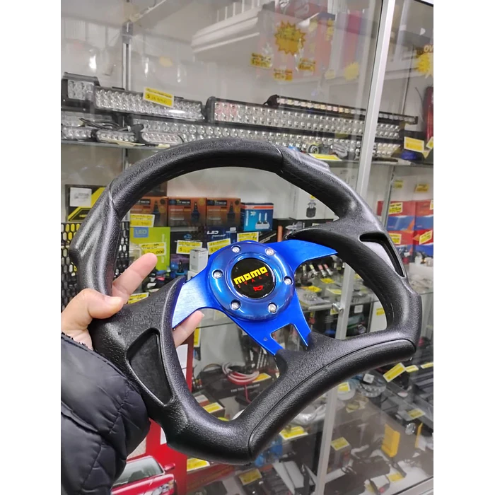 Volante de auto tipo D universal Tunning deportivo momo con botón de bocina centro azul 7