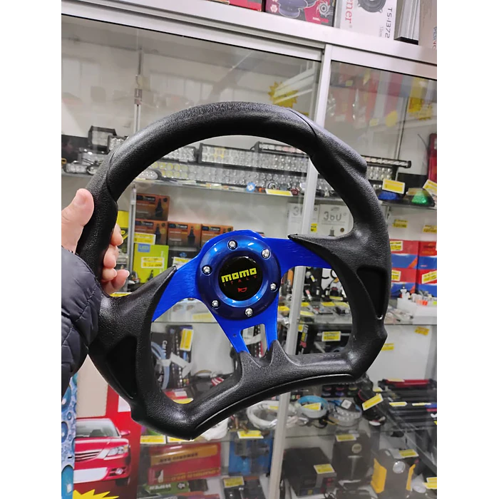 Volante de auto tipo D universal Tunning deportivo momo con botón de bocina centro azul 8