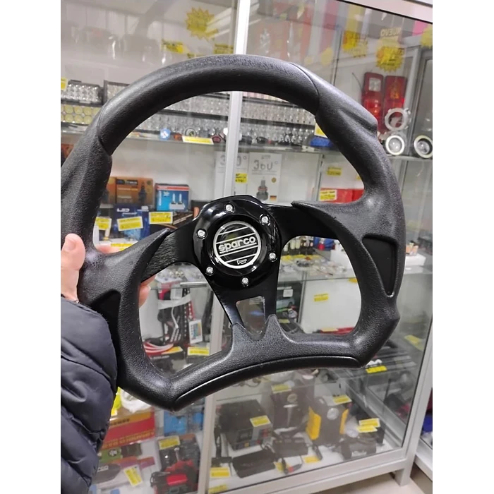 Volante de auto tipo D universal Tunning deportivo  Sparco con botón de bocina centro negro 2