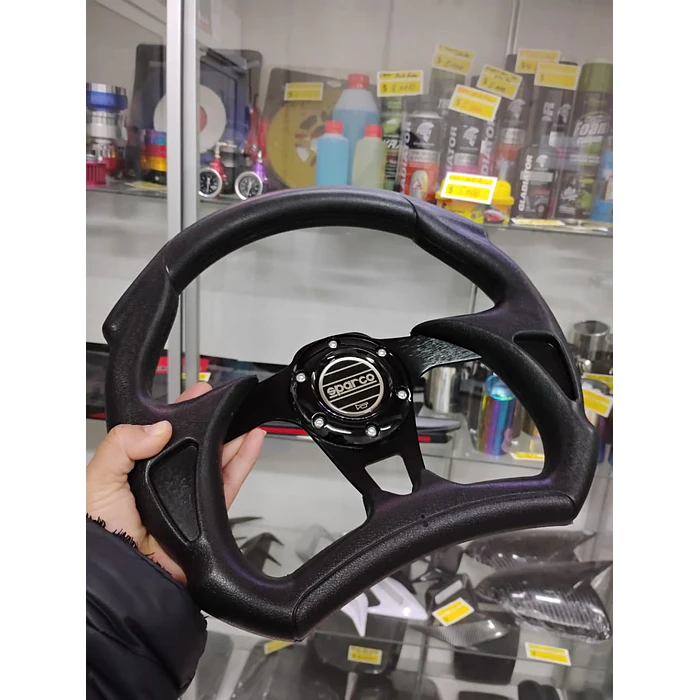 Volante de auto tipo D universal Tunning deportivo  Sparco con botón de bocina centro negro 3