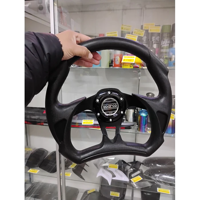 Volante de auto tipo D universal Tunning deportivo  Sparco con botón de bocina centro negro 5