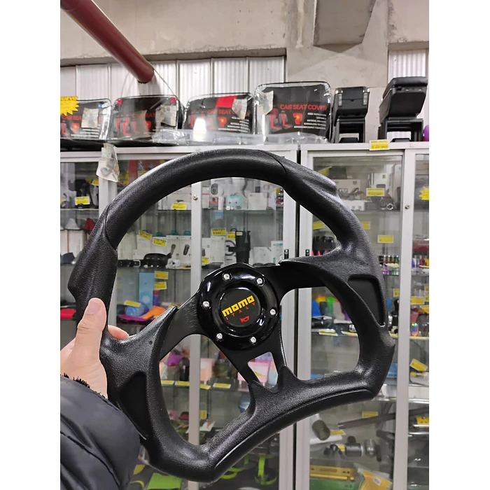Volante de auto tipo D universal Tunning deportivo momo con botón de bocina centro negro 2