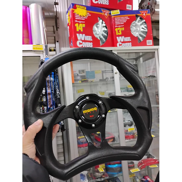 Volante de auto tipo D universal Tunning deportivo momo con botón de bocina centro negro 6
